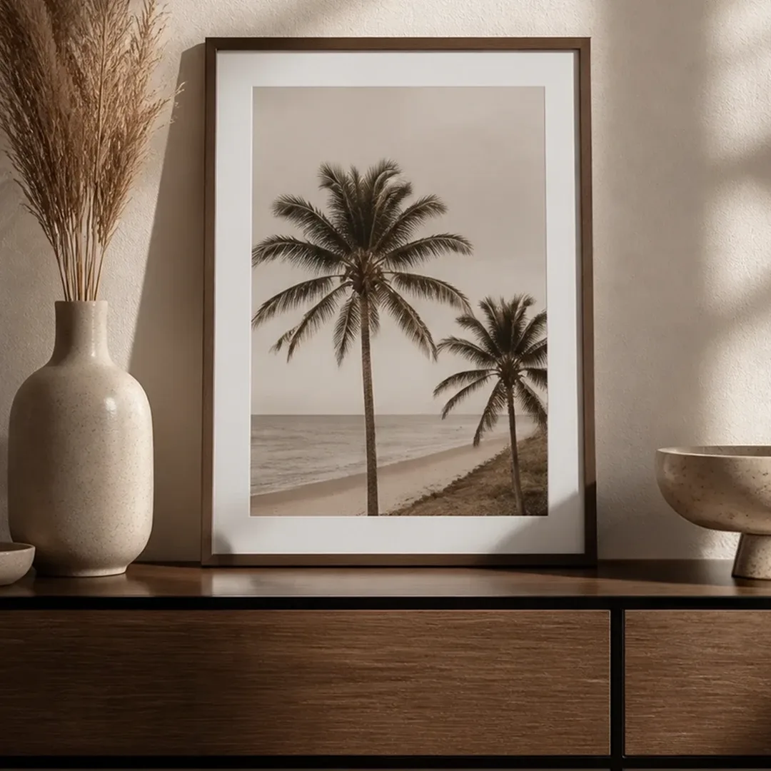 Donkere houten lijst met palmmotief op een houten dressoir, ernaast een vaas met pampasgras