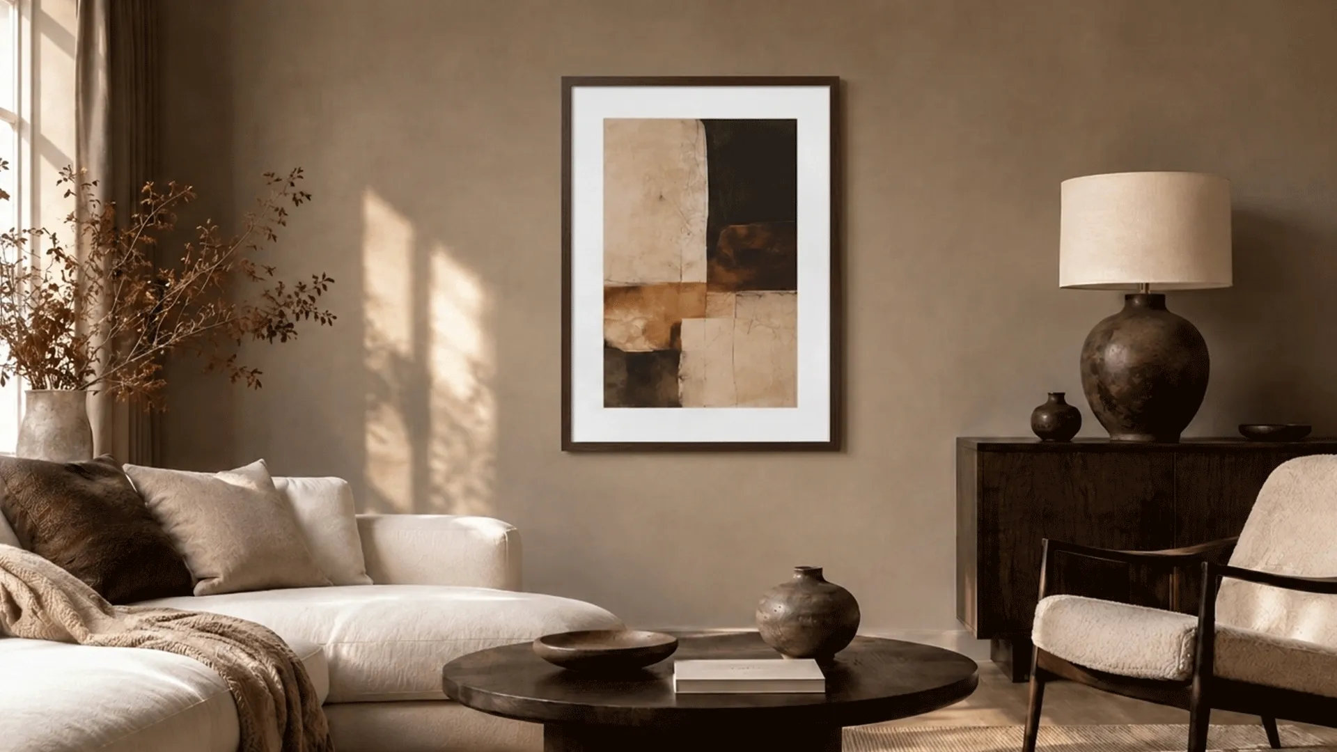 Fotolijst Philippa in wengé voor een muur in aardtinten