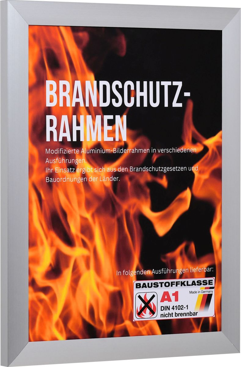 Seitenansicht eines silbernen Brandschutzrahmens aus lÃ¤ngs gebÃ¼rstetem, rostfreien Aluminium
