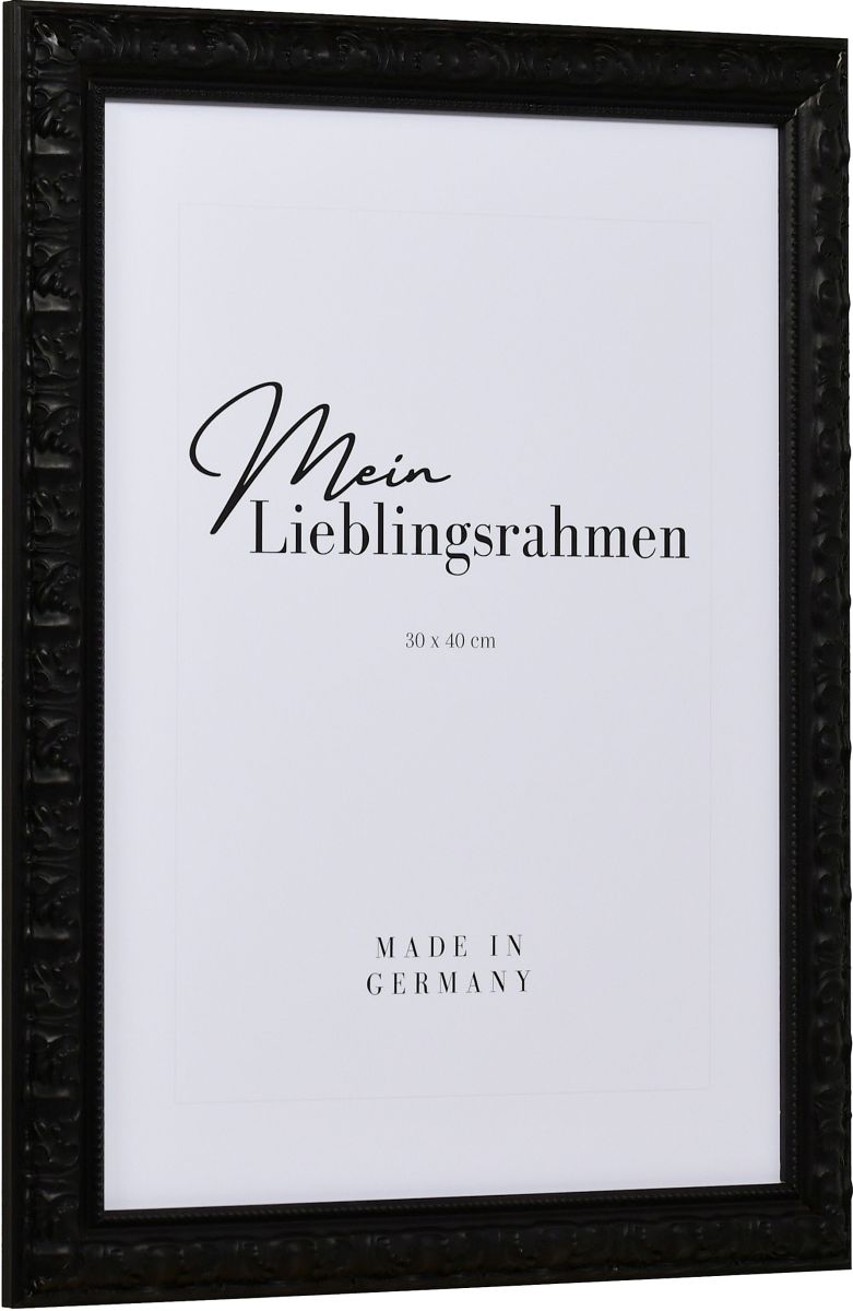 Seitenansicht eines schwarzen Holzrahmens im eleganten, barocken Look mit Perlkante