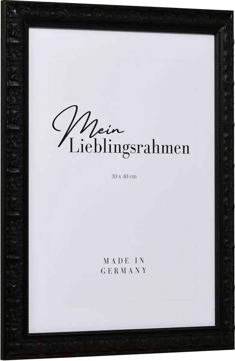 Seitenansicht eines schwarzen Holzrahmens im eleganten, barocken Look mit Perlkante