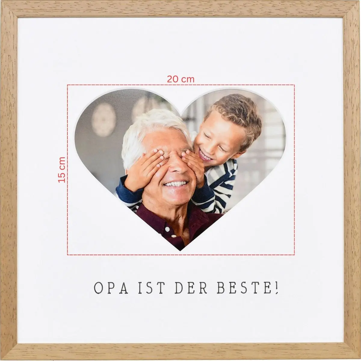 Skizze eines Fotos fÃ¼r ein herzfÃ¶rmiges Passeparpartout in eichefarbenem Bilderrahmen 30x30
