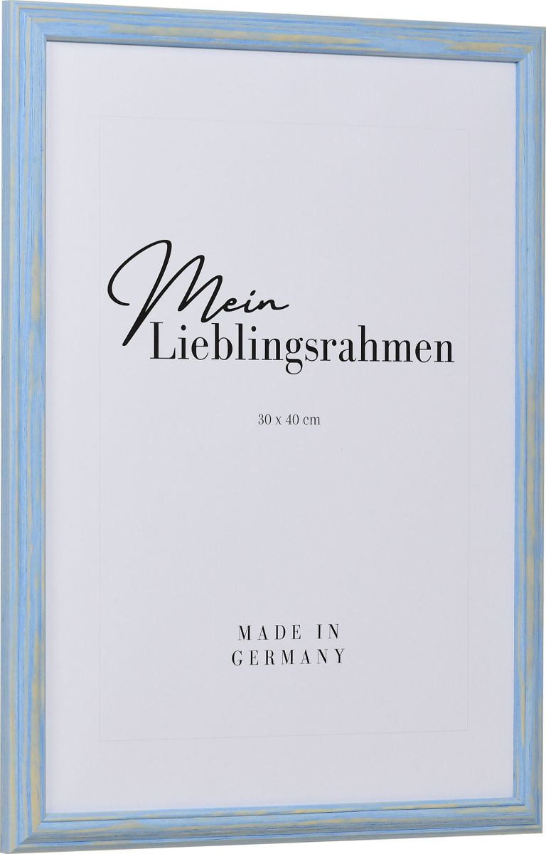 Seitenansicht eines blauen, pastelligen Holzrahmens im Landhausstil, mit einer abgeflachten WÃ¶lbung und einer erhobenen Au