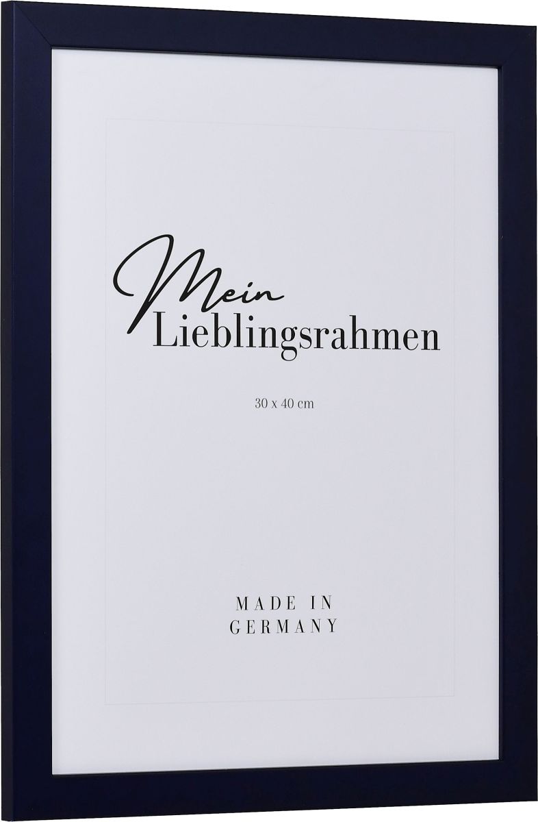 Seitenansicht eines blauen Bilderrahmens mit sichtbarer Holzstruktur, glatter OberflÃ¤che und kantigem, schlichtem Profil