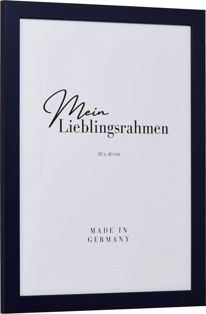 Seitenansicht eines blauen Bilderrahmens mit sichtbarer Holzstruktur, glatter OberflÃ¤che und kantigem, schlichtem Profil