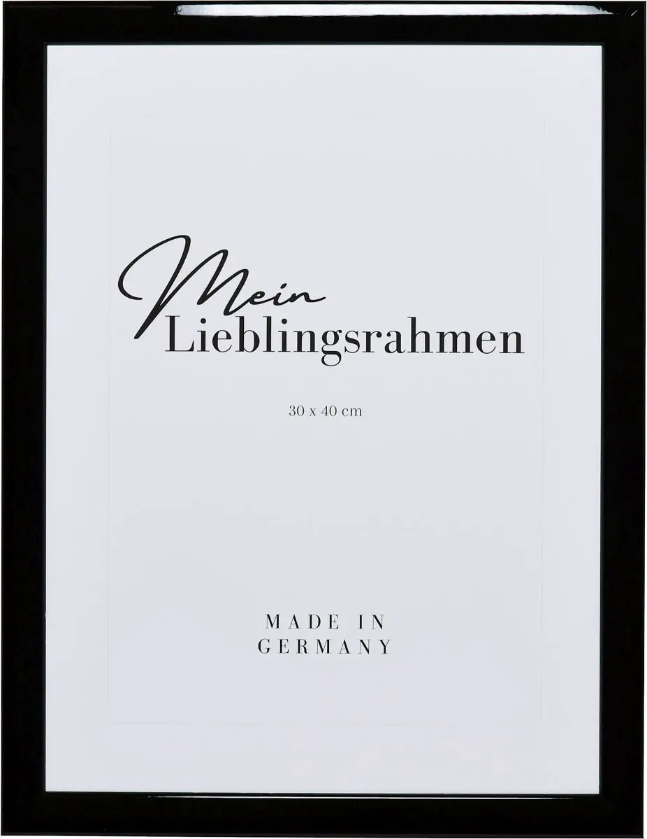 Frontansicht eines schwarzen Holzrahmens mit leicht abgerundeten Kanten und Hochglanzlackierung