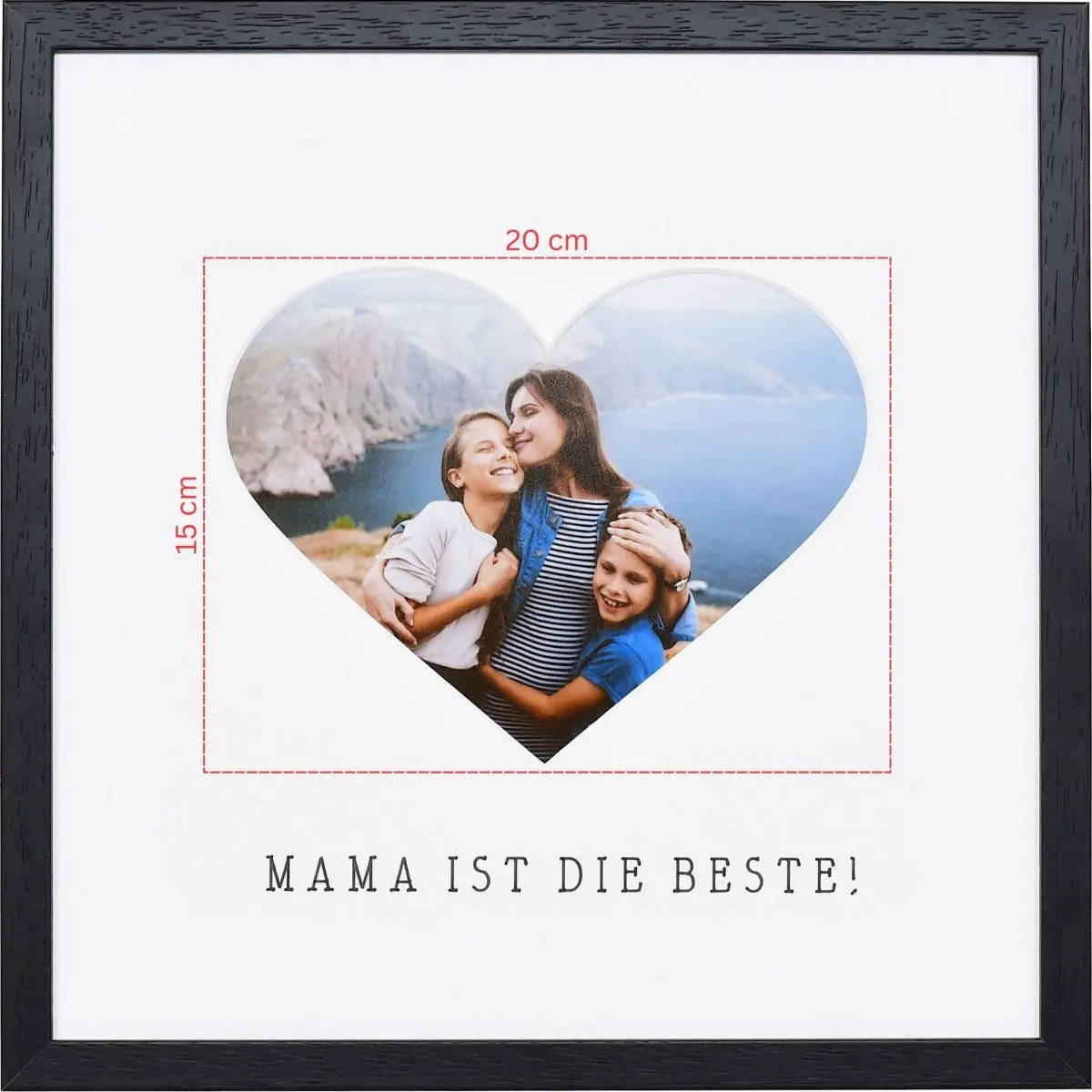 Skizze eines Fotos fÃ¼r ein herzfÃ¶rmiges Passeparpartout in schwarzem Bilderrahmen 30x30