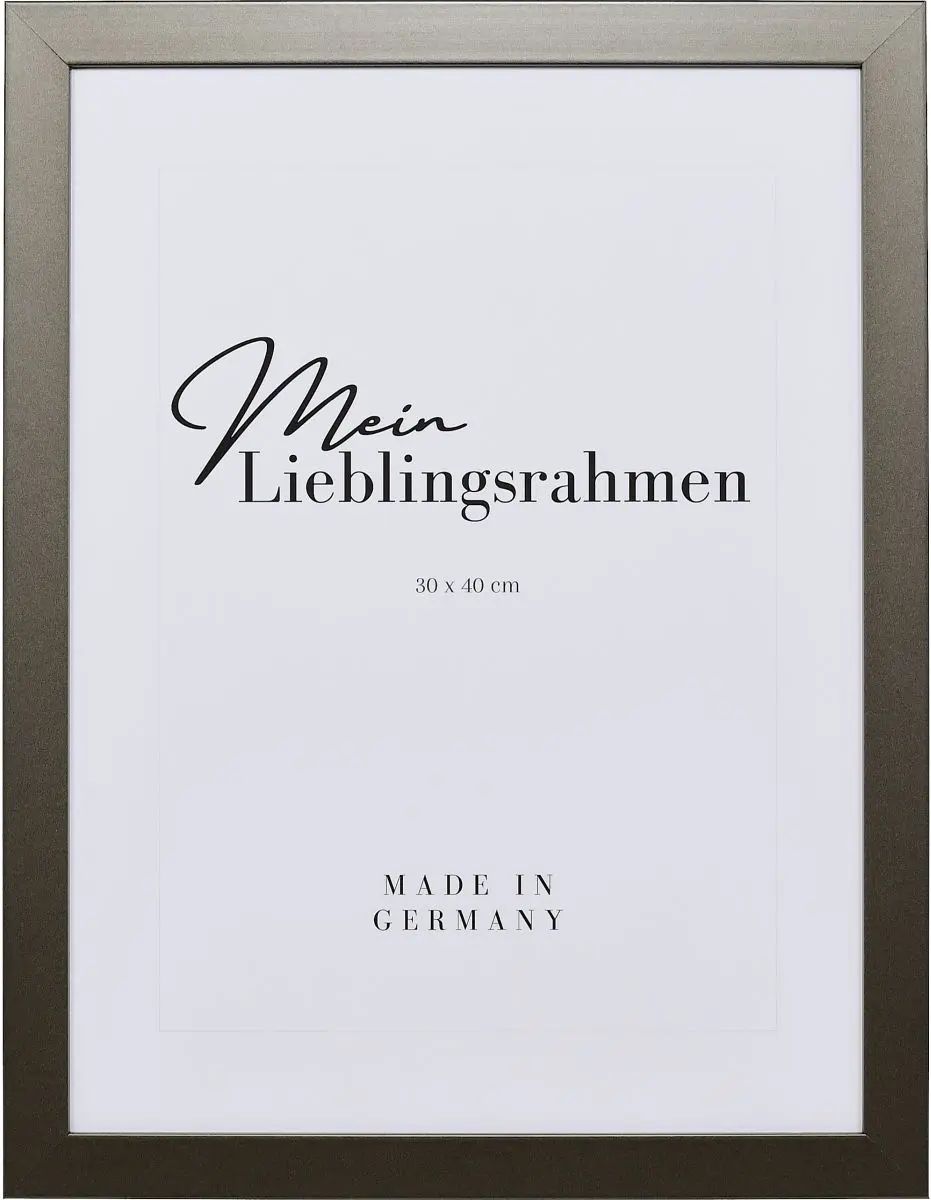 Frontansicht eines platinfarbenen Bilderrahmens mit sichtbarer Holzstruktur, glatter OberflÃ¤che und kantigem, schlichtem Profil