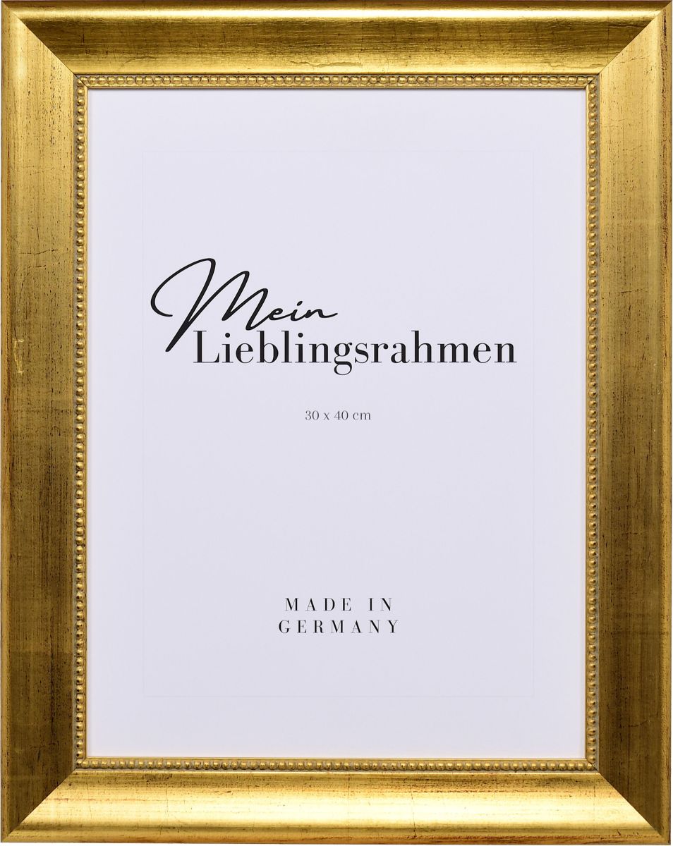 Vooraanzicht van een klassieke, gouden massief houten lijst met parelrand en patina