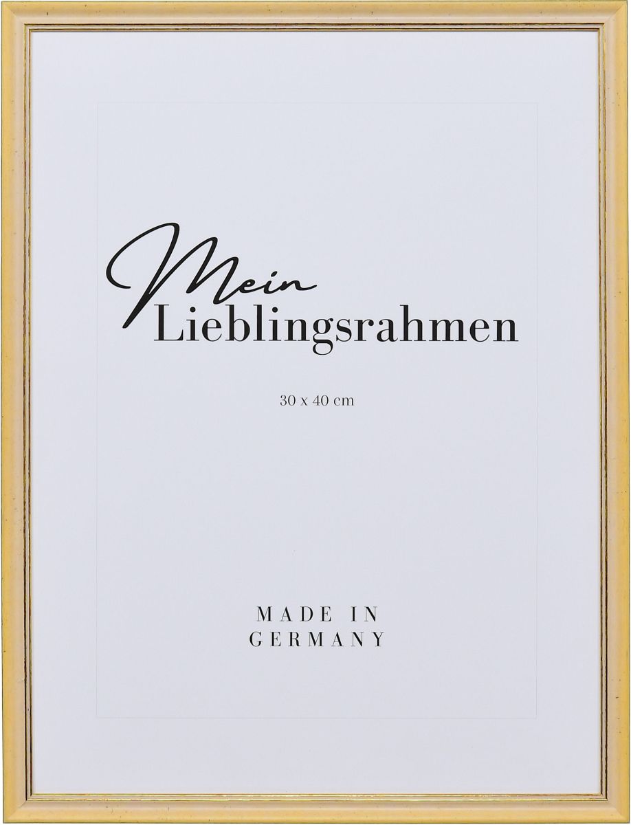 Frontansicht eines gelben Holzrahmens im Retro Style mit leicht aufgerauter OberflÃ¤che und goldener Zierkante