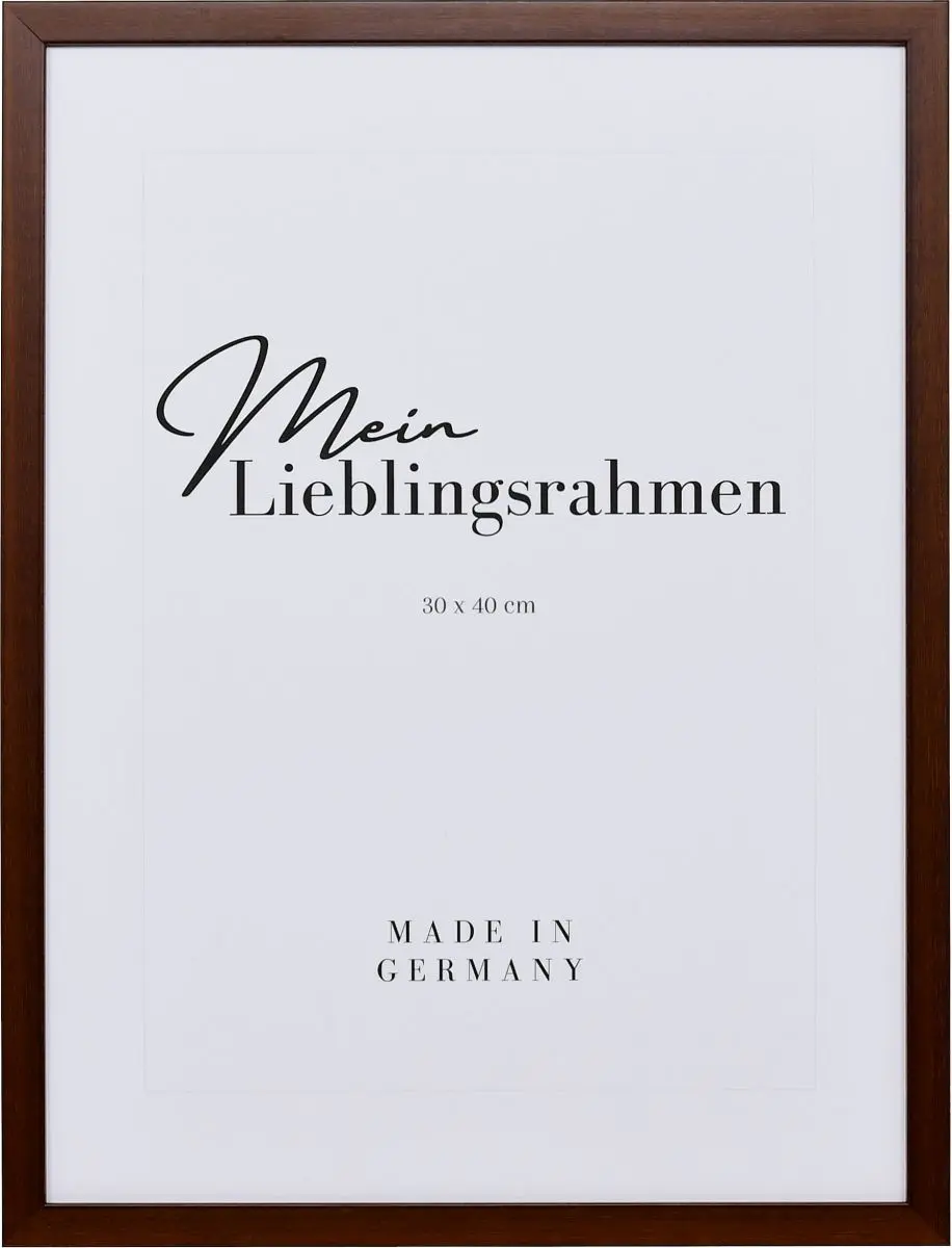 Frontansicht eines schmalen, dunkelbraunen Bilderrahmens, 40x60 cm, mit sichtbarer Holzstruktur und glatter OberflÃ¤che