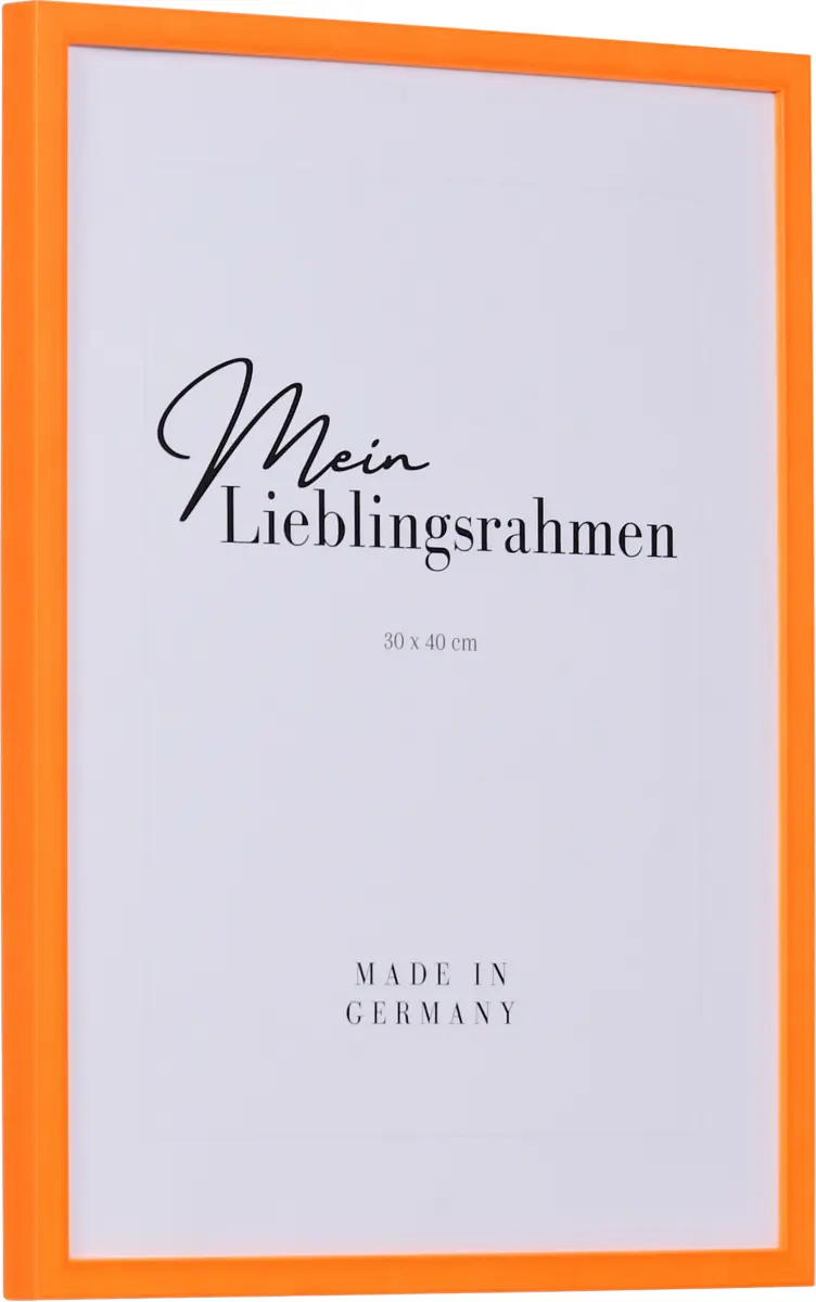 Zijaanzicht van een houten fotolijst in moderne stijl in de kleur neonoranje