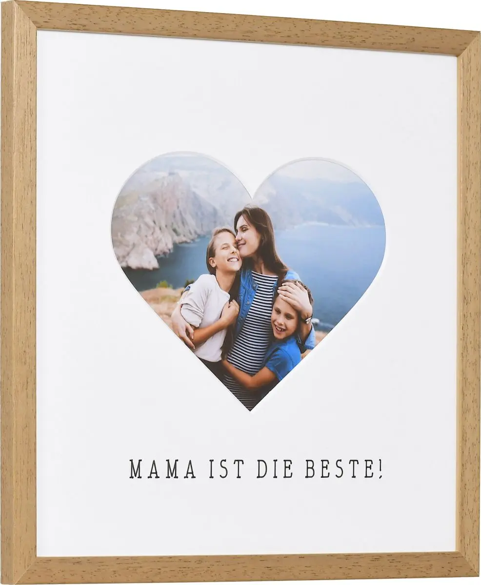 seitliche Ansicht eines Bilderrahmens mit Herzausschnitt fÃ¼r Mama in der Farbe Eiche