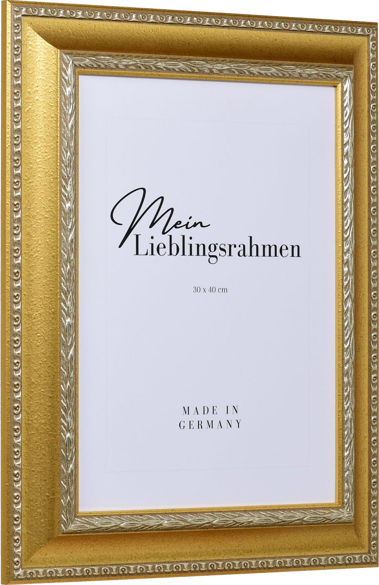 Seitenansicht eines goldenen, pompÃ¶sen Bilderrahmens mit detailreichen Barockapplikationen