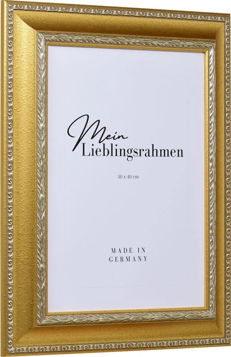 Seitenansicht eines goldenen, pompÃ¶sen Bilderrahmens mit detailreichen Barockapplikationen