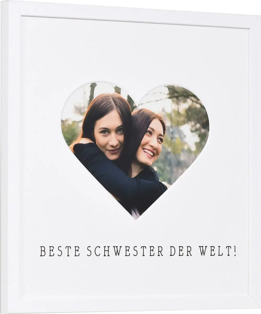 seitliche Ansicht eines Bilderrahmens mit Herzausschnitt fÃ¼r die beste Schwester der Welt in der Farbe Weiss