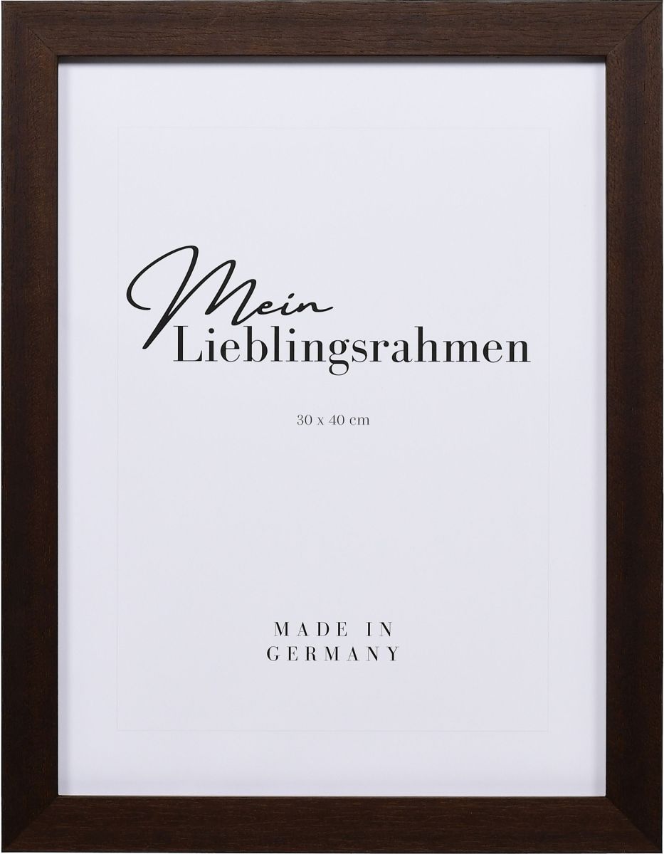 Frontansicht eines dunkelbraunen Holzrahmens, 50x70 cm, offenporig lackiert mit sicht- und fÃ¼hlbarer Holzstruktur