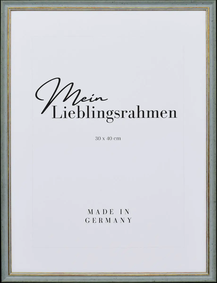 Frontansicht eines blauen shabby chic Holzrahmens mit leicht aufgerauter OberflÃ¤che und goldener Zierkante