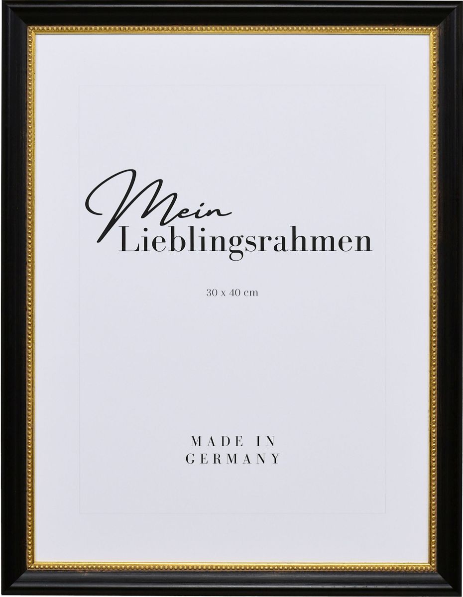 Frontansicht eines schwarzen Holzrahmens mit von Hand aufgebÃ¼rsteten Schlagmetall und einem Perlstab an der Innenkante