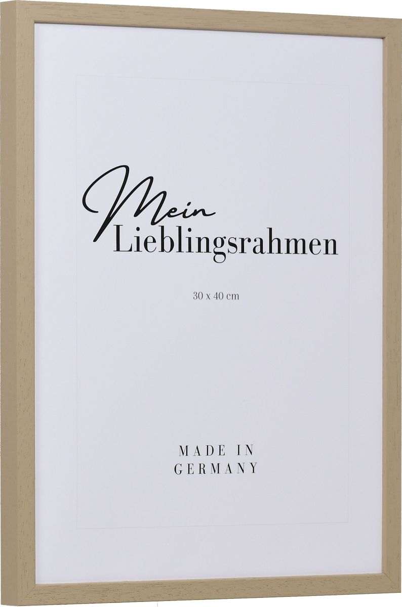 Seitenansicht eines hellbraunen, schmalen Bilderrahmens