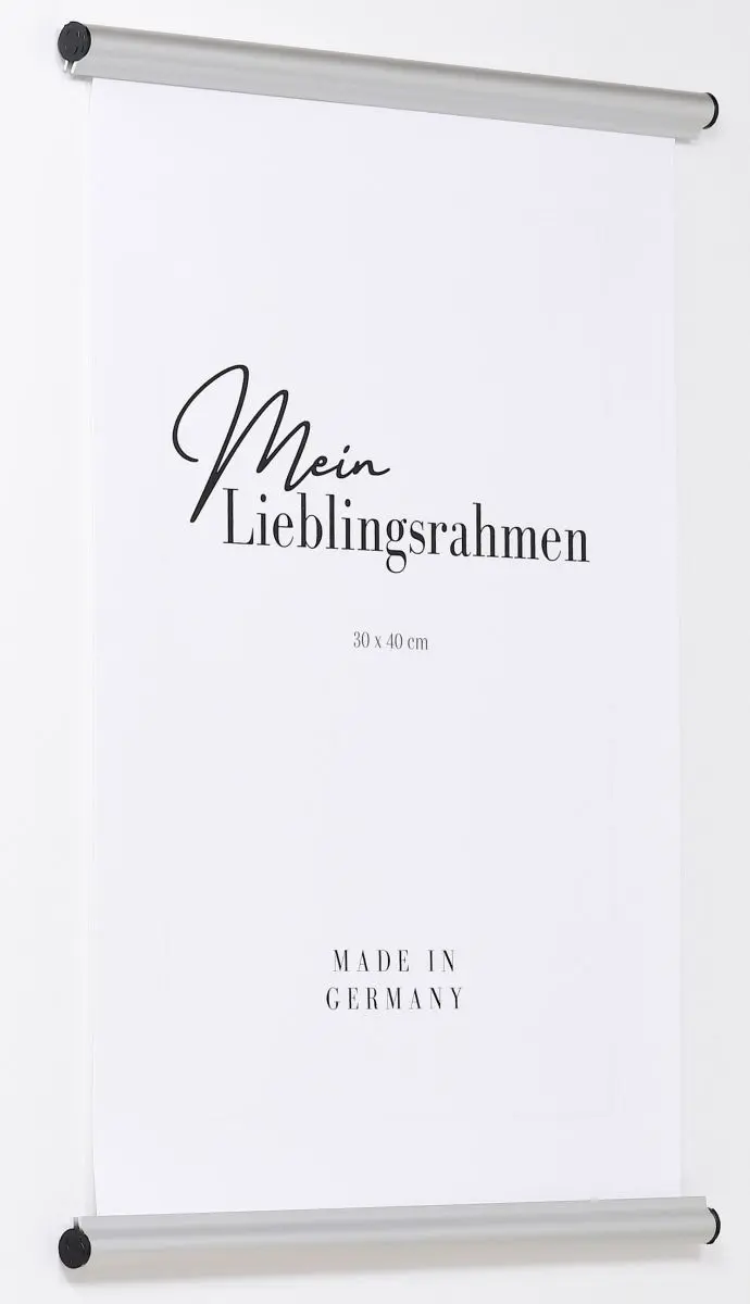 Seitenansicht eines silbernen Alu-PosterhÃ¤ngers mit Klemmvorrichtung