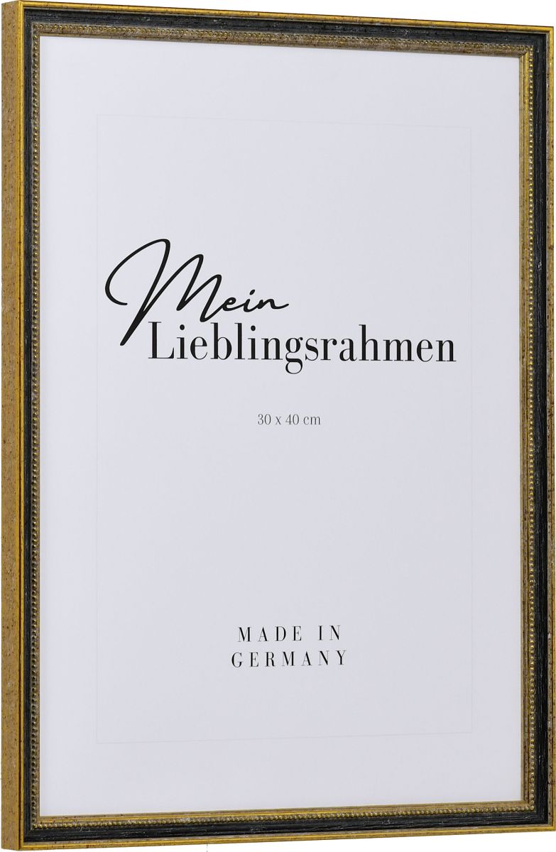 Seitenansicht eines klassischen, antiken Holzrahmens in der Farbe Schwarz mit Perlkante