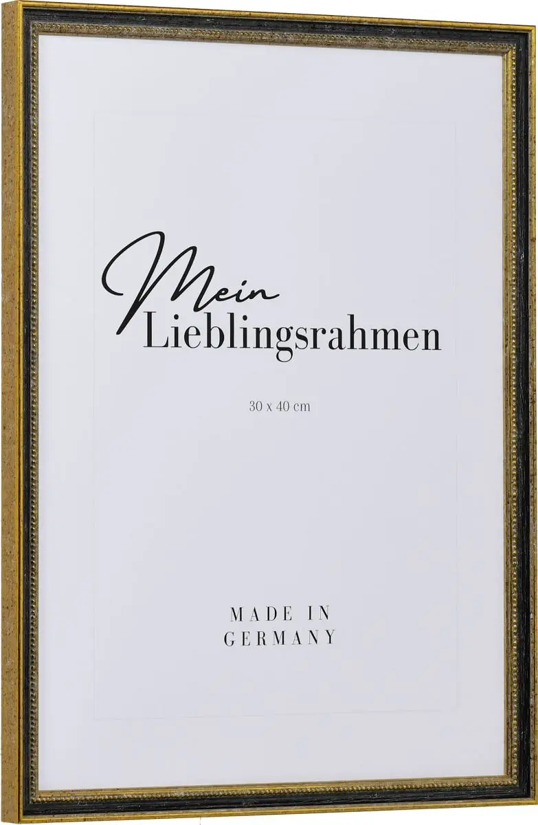 Seitenansicht eines klassischen, antiken Holzrahmens in der Farbe Schwarz mit Perlkante
