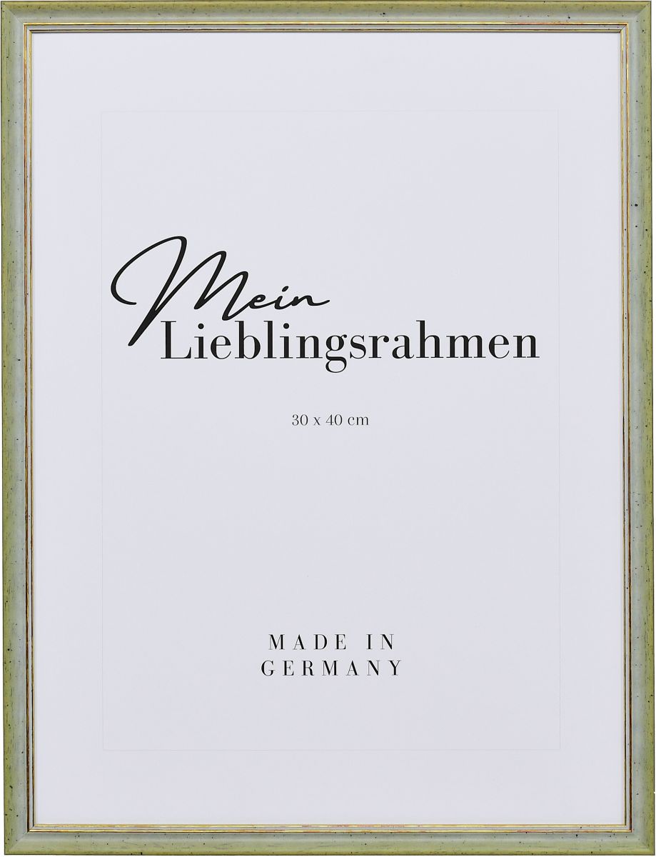 Frontansicht eines grÃ¼nen Vintage Holzrahmens mit leicht aufgerauter OberflÃ¤che und goldener Zierkante