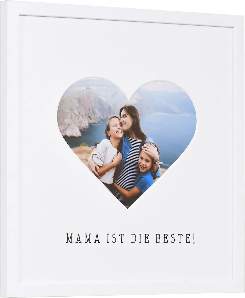 seitliche Ansicht eines Bilderrahmens mit Herzausschnitt fÃ¼r Mama in der Farbe Weiss
