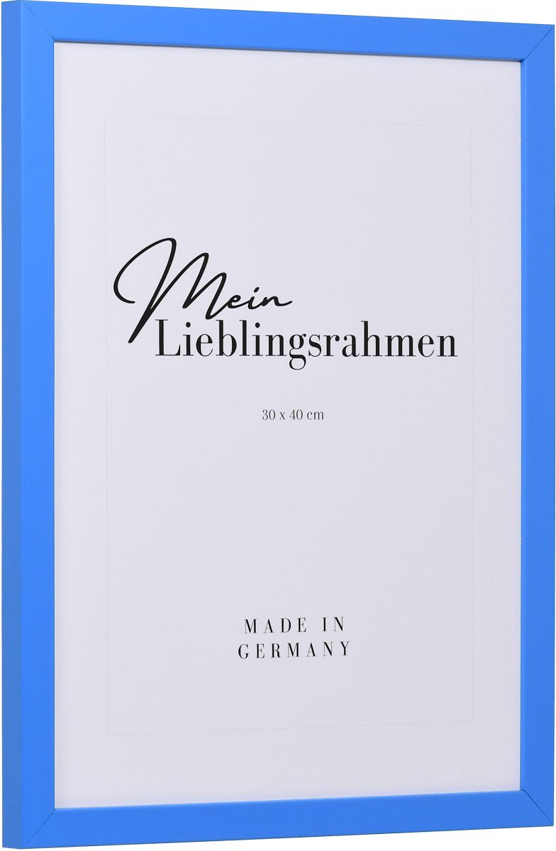 Seitenansicht eines blauen Bilderrahmens mit geschlossener, glatter OberflÃ¤che und wÃ¼rfelfÃ¶rmigem Profil