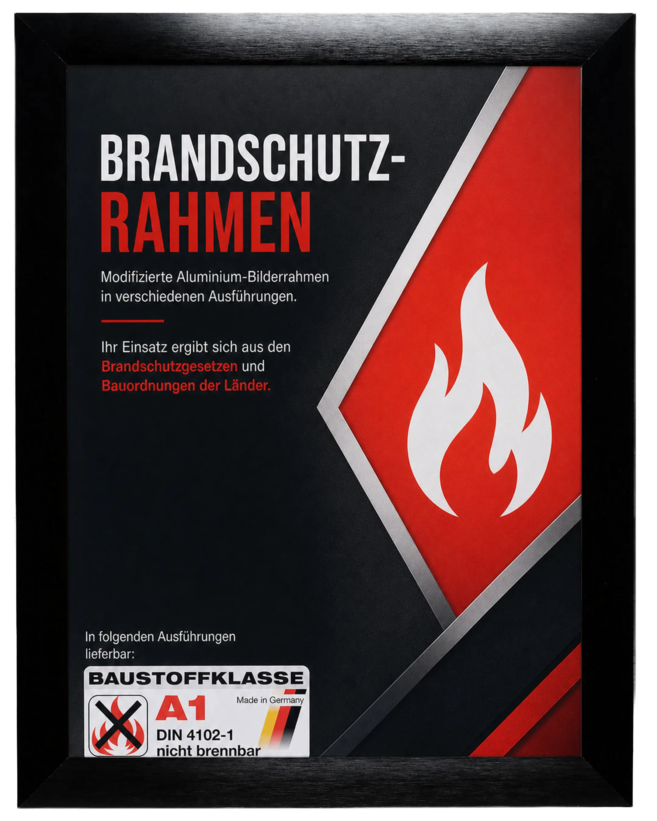 Aluminium fotolijst Costa brandvertragend certificaat A1 zwart – vooraanzicht