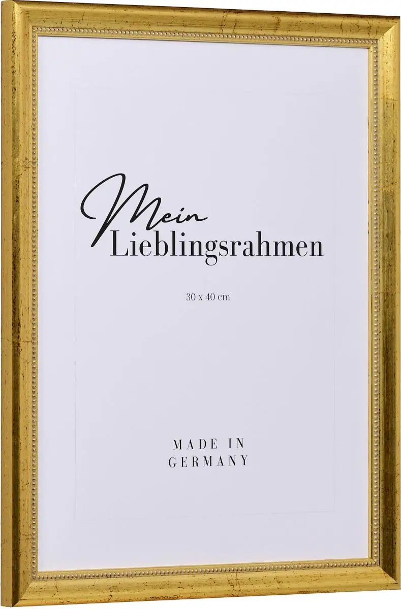 Seitenansicht eines goldenen Holzrahmens mit von Hand aufgebÃ¼rsteten Schlagmetall und einem Perlstab an der Innenkante