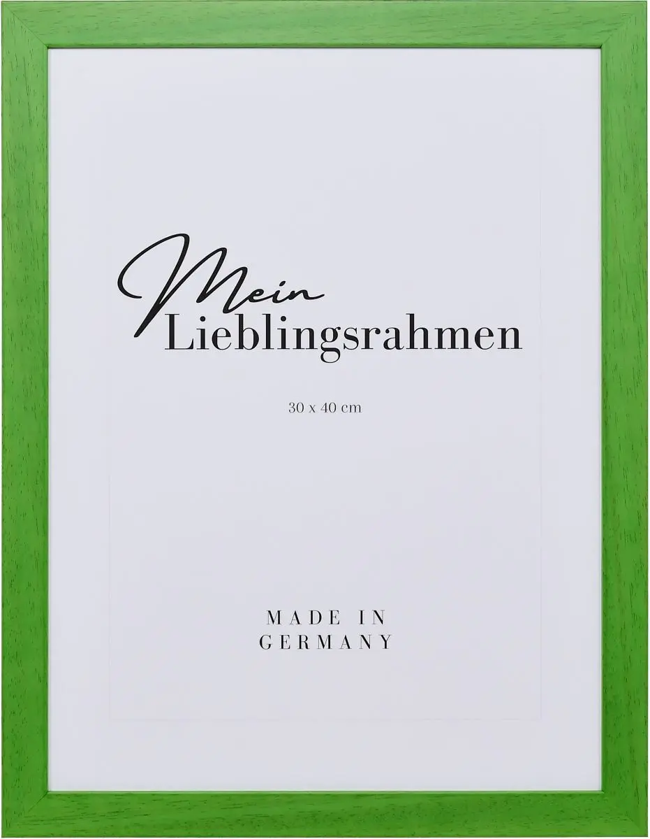 Frontansicht eines grÃ¼nen Bilderrahmens mit sichtbarer Holzstruktur, glatter OberflÃ¤che und kantigem, schlichtem Profil