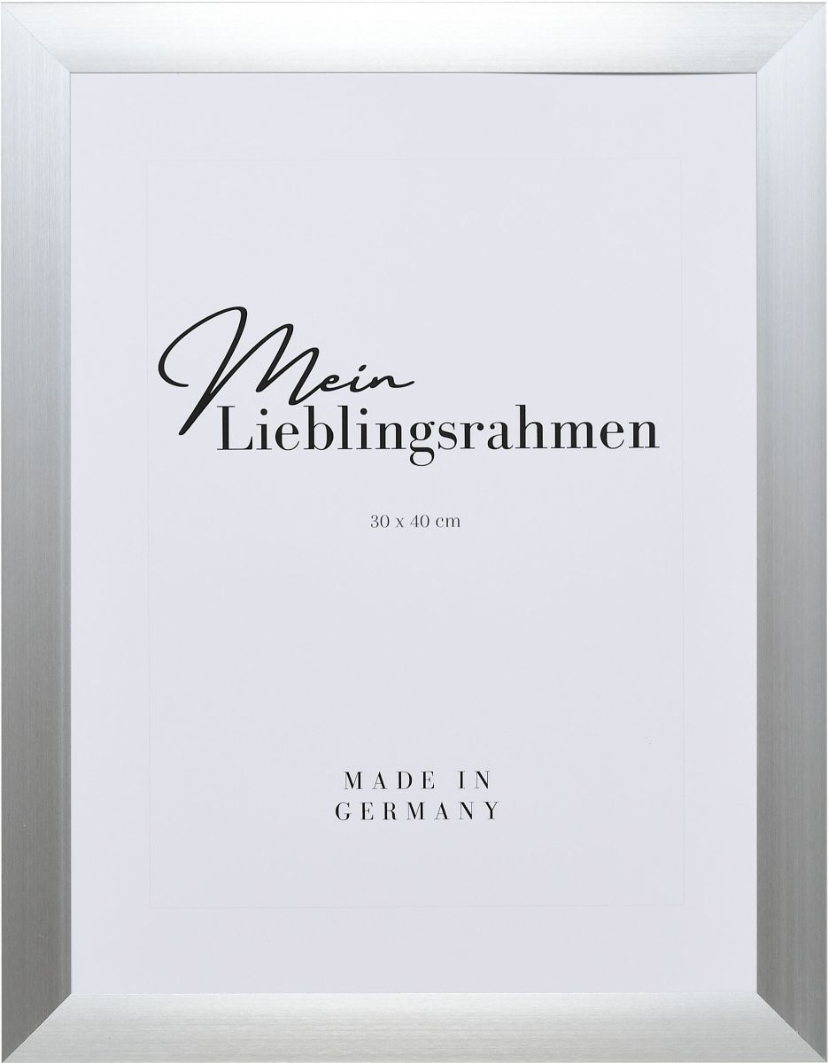 Frontansicht eines silbernen, breiten Aluminiumrahmens mit lÃ¤ngs gebÃ¼rsteter, rostfreier Leiste