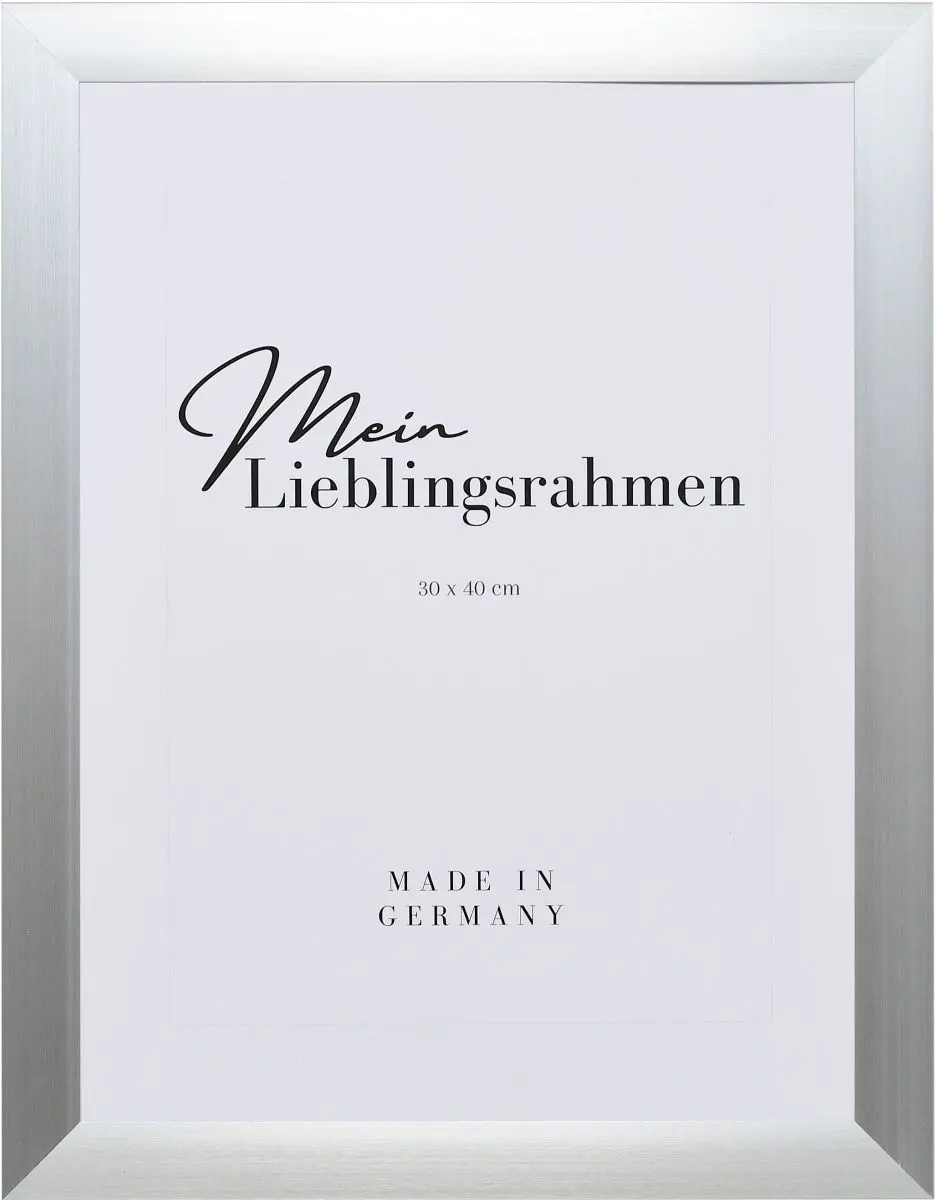 Frontansicht eines silbernen, breiten Aluminiumrahmens mit lÃ¤ngs gebÃ¼rsteter, rostfreier Leiste