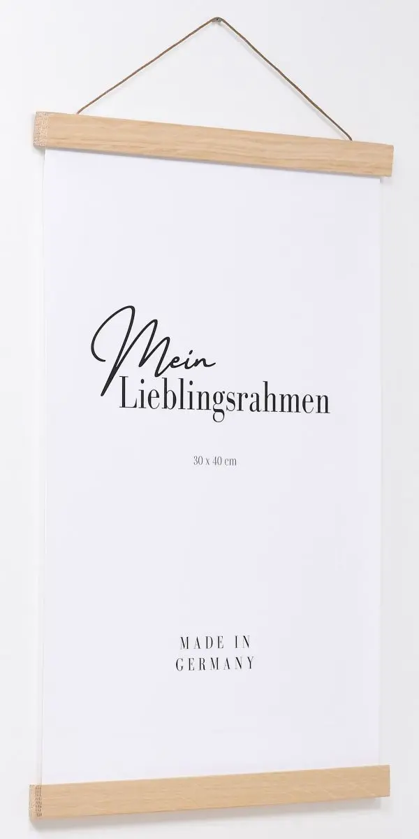 Seitenansicht eines eichenfarbenen Holz-PosterhÃ¤ngers