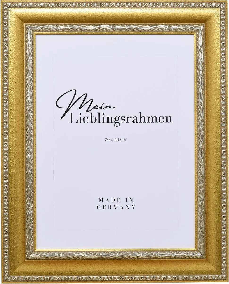 Frontansicht eines goldenen, pompÃ¶sen Bilderrahmens mit detailreichen Barockapplikationen
