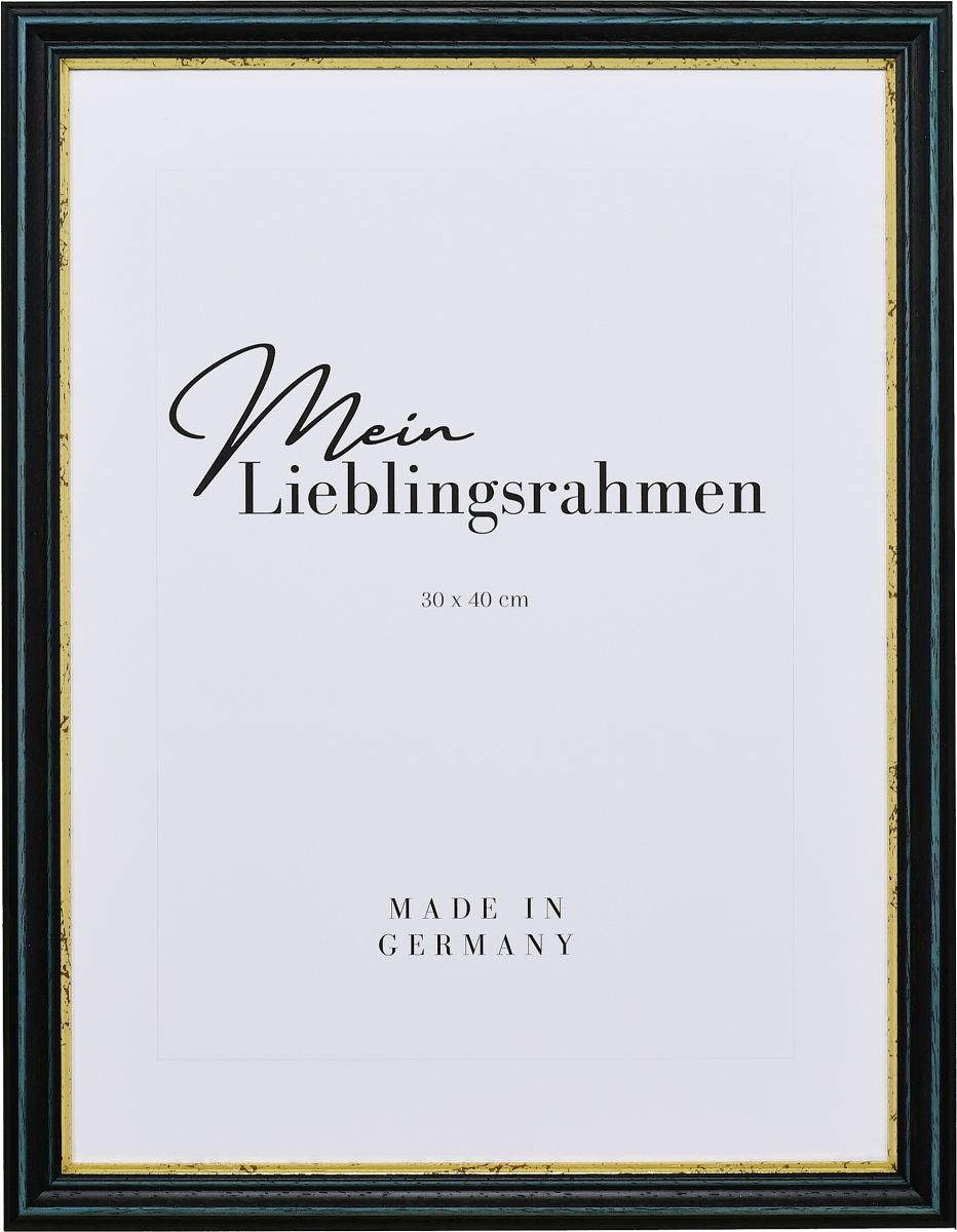 Frontansicht eines blauen Holzrahmens mit tiefer Hohlkehle und abgestufter Goldkante