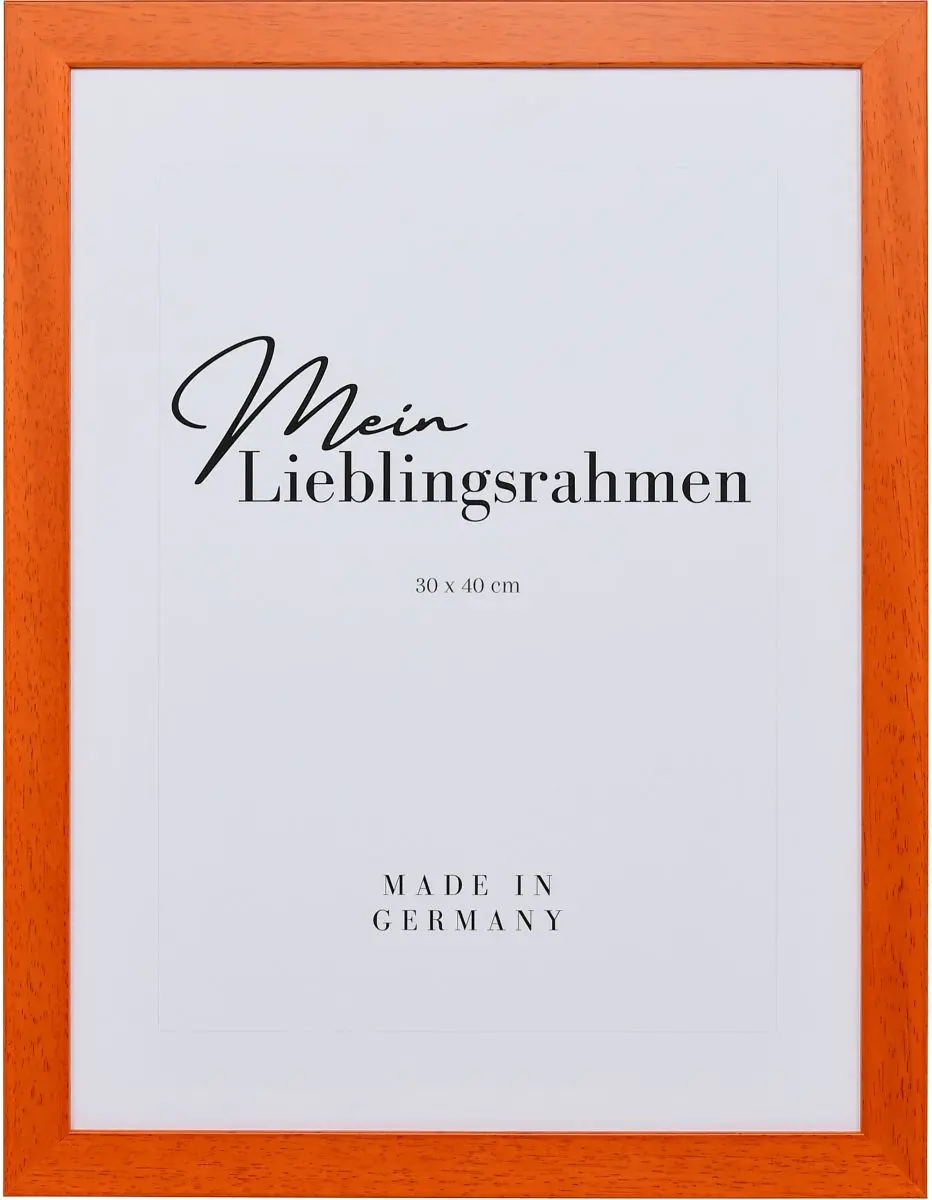Frontansicht eines orangenen Bilderrahmens mit sichtbarer Holzstruktur, glatter OberflÃ¤che und kantigem, schlichtem Profil