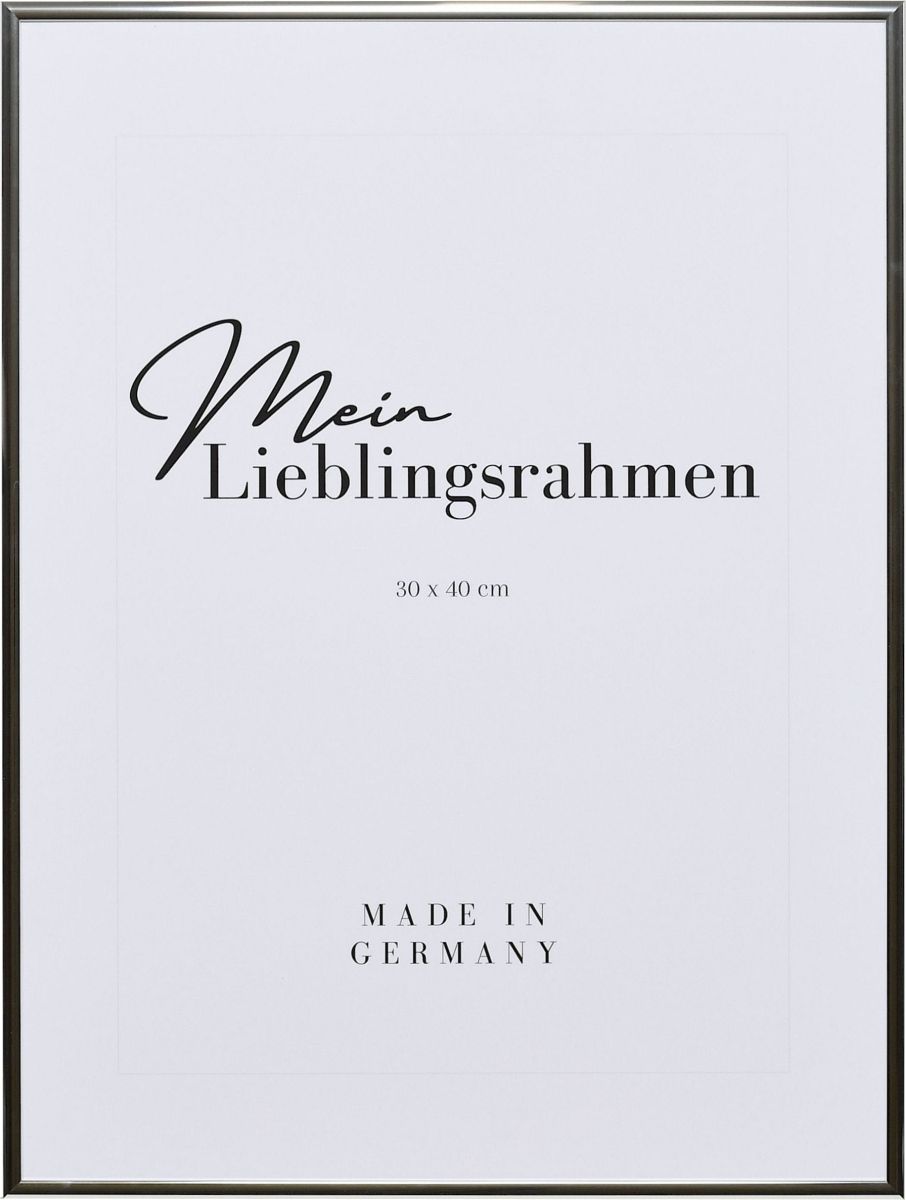 Frontansicht eines silbernen, extrem formstabilen Hochglanz-Aluminiumrahmens mit patentiertem Eckverbindersystem
