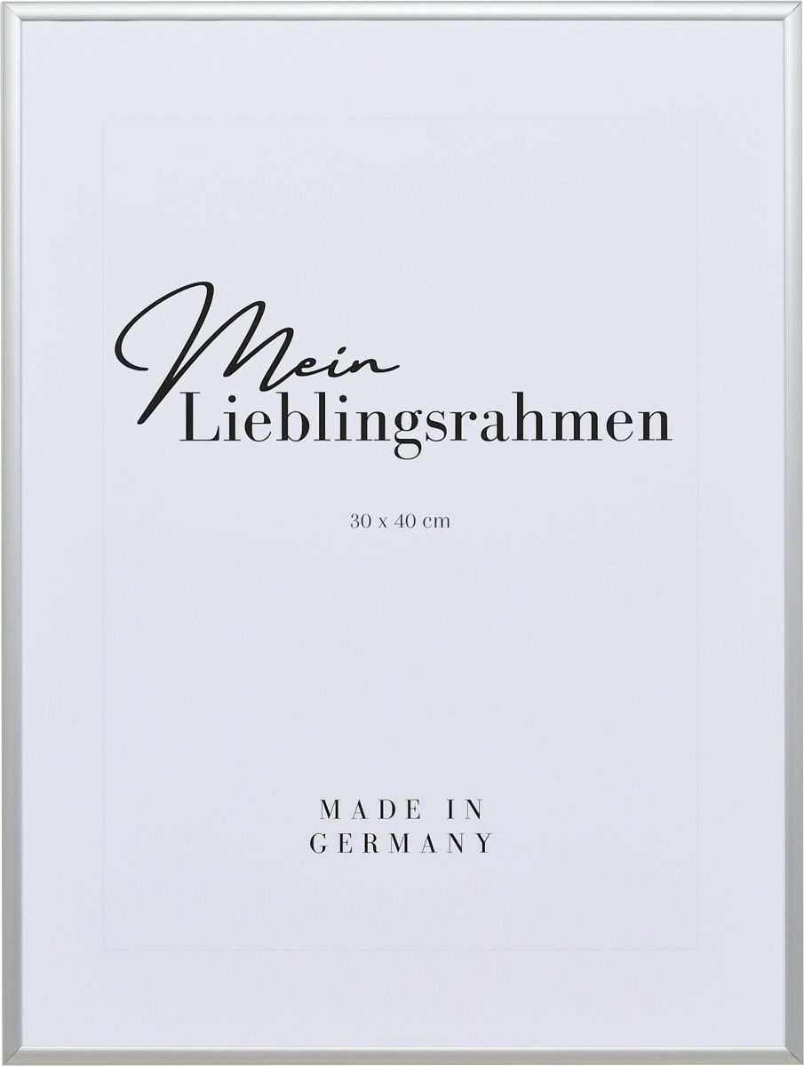 Frontansicht eines silbernen, extrem formstabilen Aluminiumrahmens mit patentiertem Eckverbindersystem