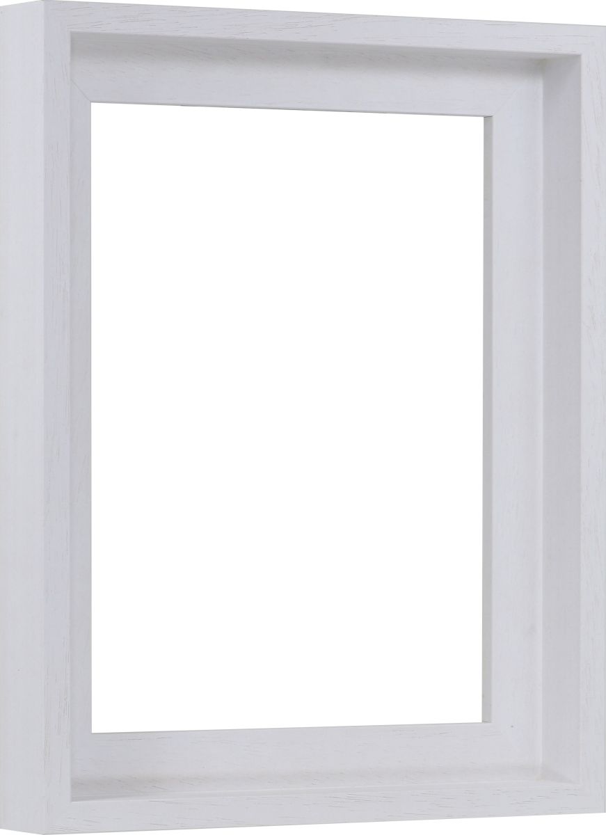 Zijaanzicht van een witte, subtiele en moderne lijst met openporige lakafwerking voor canvassen