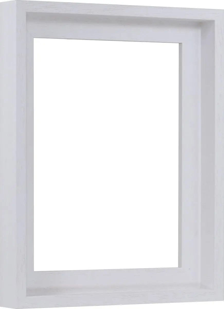 Zijaanzicht van een witte, subtiele en moderne lijst met openporige lakafwerking voor canvassen