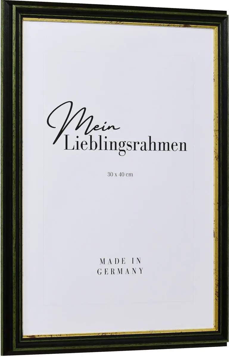 Seitenansicht eines grÃ¼nen, altmodischen Holzrahmens mit tiefer Hohlkehle und abgestufter Goldkante