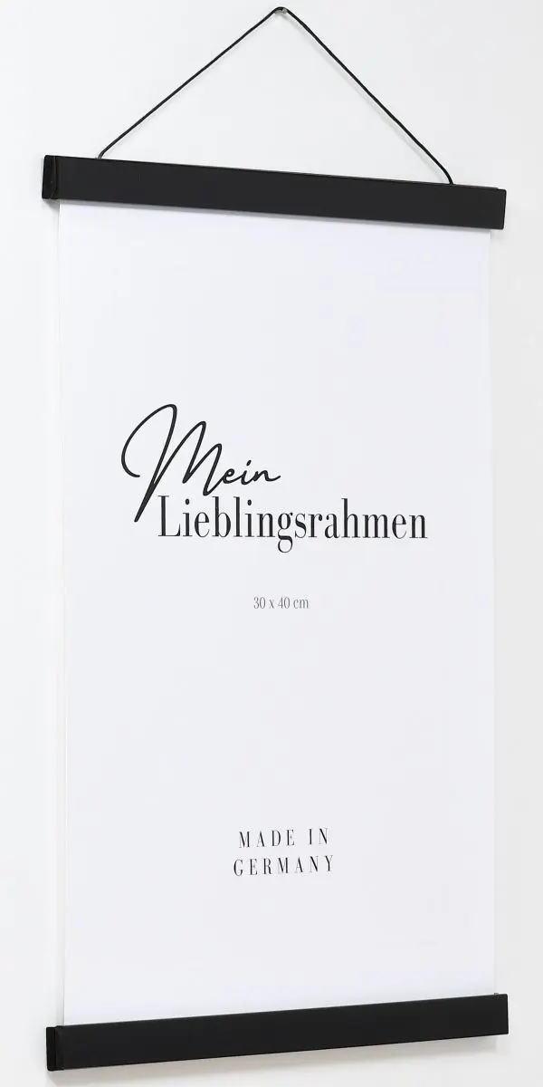 Seitenansicht eines schwarzen Holz-PosterhÃ¤ngers