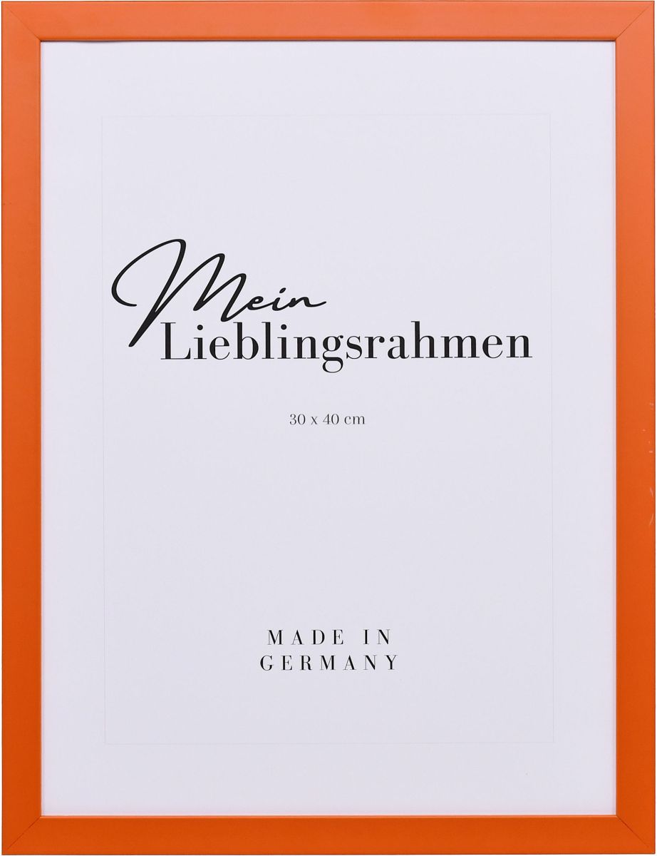 Frontansicht eines orangenen Bilderrahmens mit geschlossener, glatter OberflÃ¤che und wÃ¼rfelfÃ¶rmigem Profil