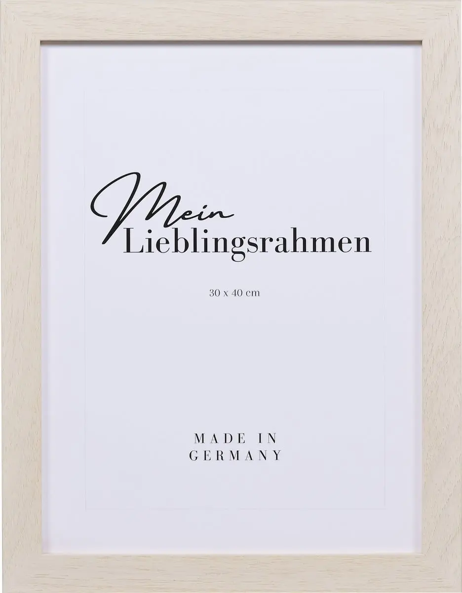 Frontansicht eines weissen Holzrahmens, 50x70 cm, offenporig lackiert mit sicht- und fÃ¼hlbarer Holzstruktur