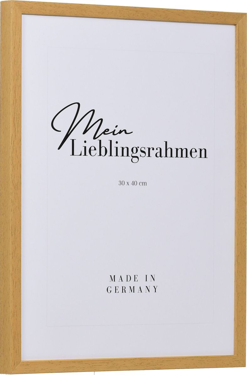 Seitenansicht eines modernen, eichenfarbenen, schmalen Bilderrahmens
