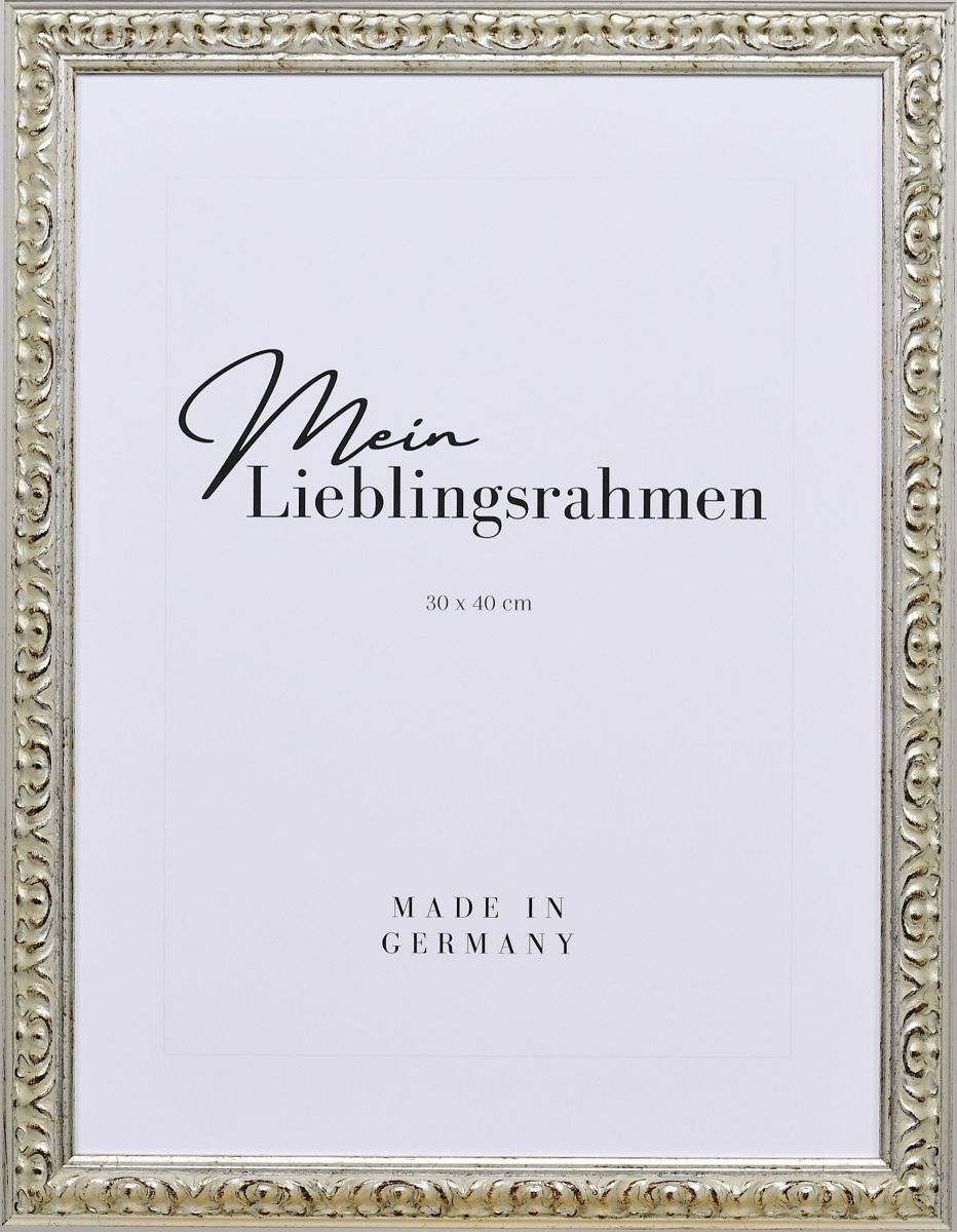 Frontansicht eines silbernen, aufwendig geformten, barocken Holzrahmens mit floraler Ornamentik und in Handarbeit aufgebÃ¼rstetem Schlagmetall