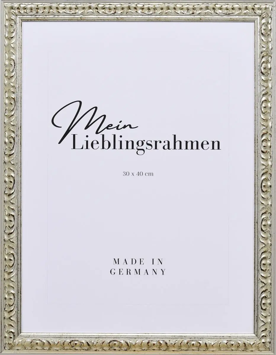 Frontansicht eines silbernen, aufwendig geformten, barocken Holzrahmens mit floraler Ornamentik und in Handarbeit aufgebÃ¼rstetem Schlagmetall
